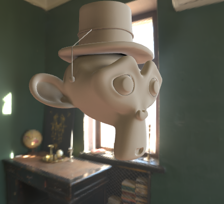 fig 9: Suzanne rendered with path tracing shows how light is blocked by near geometry as well as blocking lights from the windows