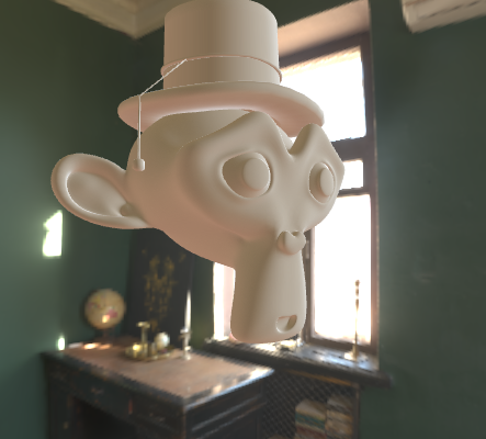 fig 8: Suzanne with Image Based Lighting shows light under the hat and is not casting shadows from the windows